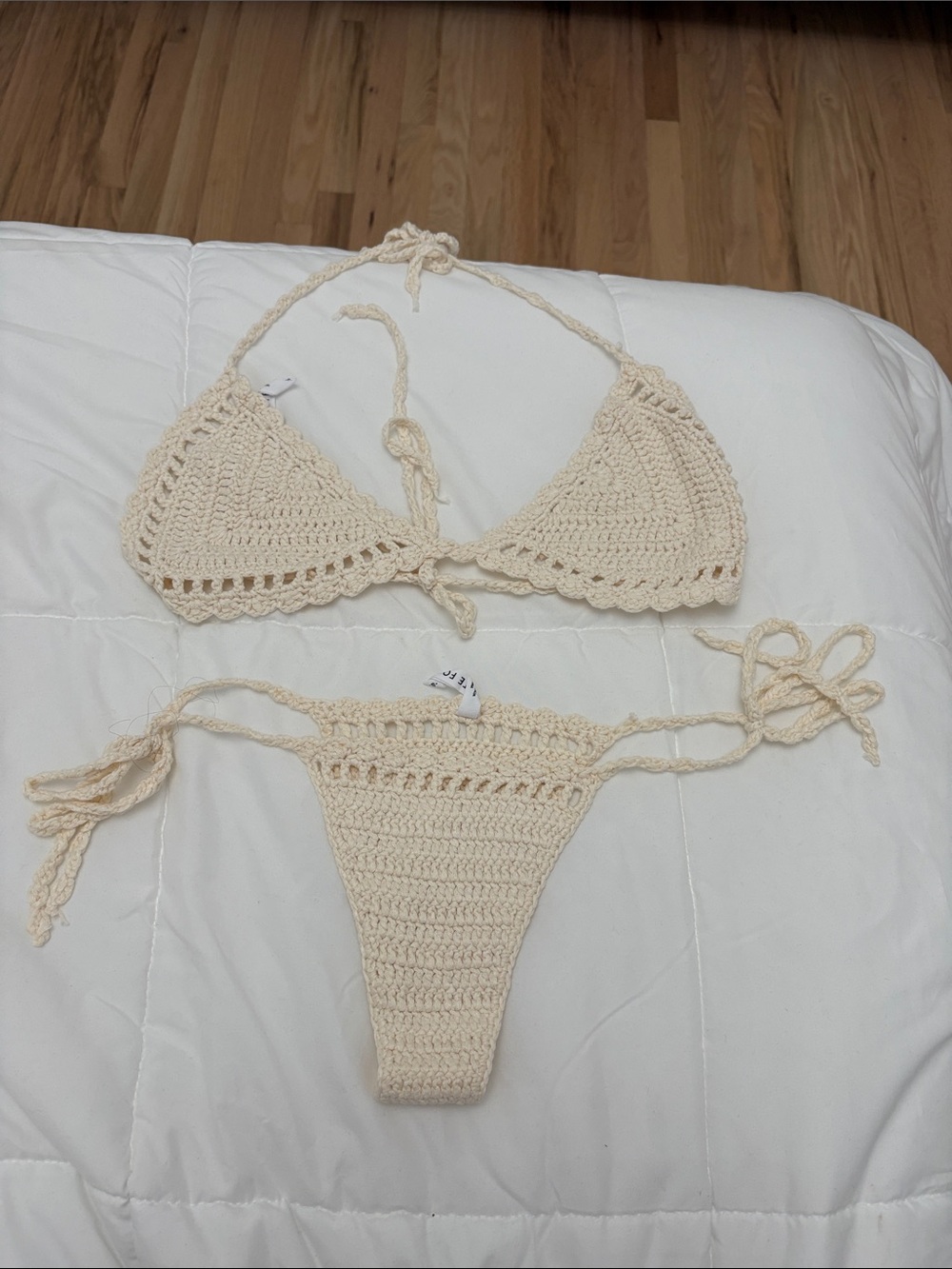 White Fox NEVER WORN Cream Crochet Tie-Side Bikini Set - Women Swim